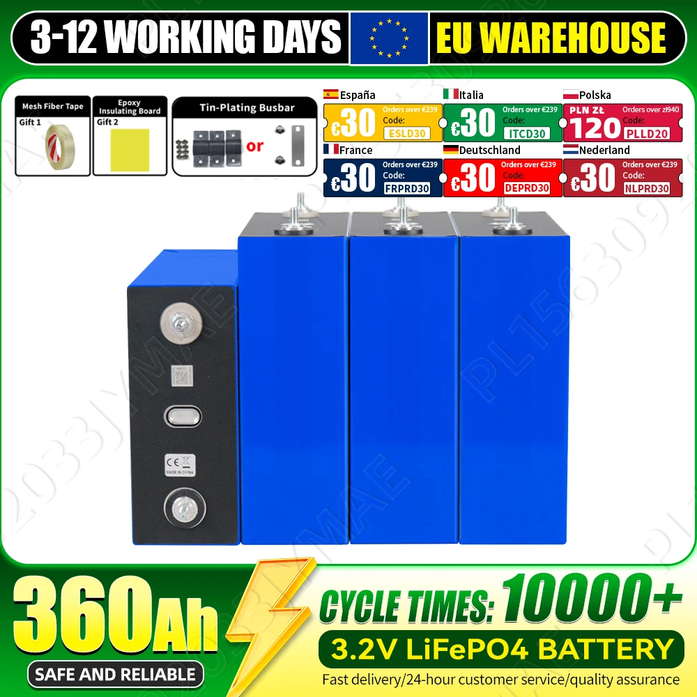 Nowa bateria Lifepo4 3.2V 360Ah, ponad 10 000 cykli ładowania, bezpieczna, ładowalna, z 3 akcesoriami w prezencie, klasa A, do samodzielnego montażu 12V 24V 48V, do kamperów, pojazdów elektrycznych,