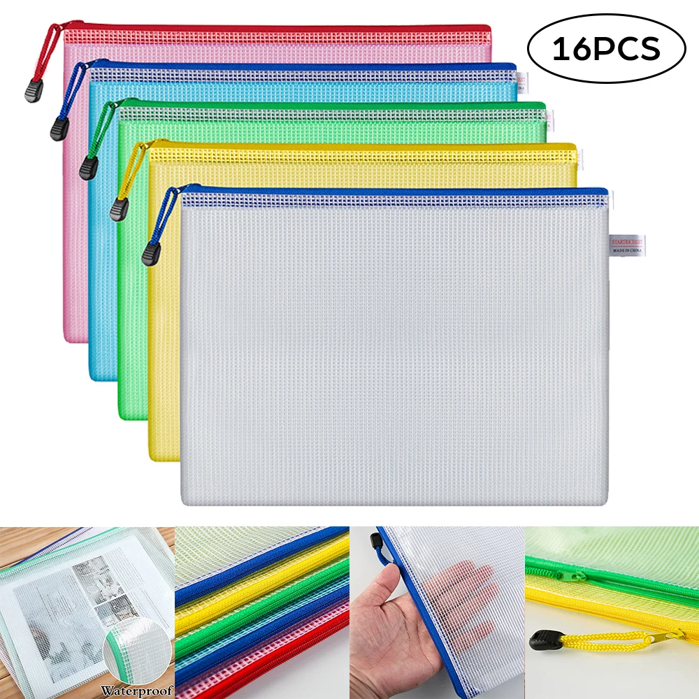 16x Mesh Zipper Pouch Document Bag Zip File Folders Organizer For A4 Size Travel