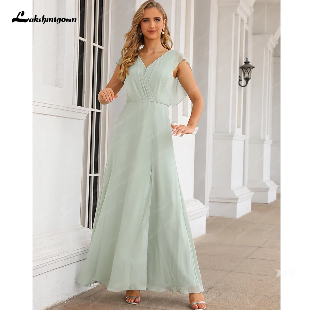 Modern Side Slit Chiffon V Neckline Bridesmaid Dress Woman Mint Mother Dresses Short Sleeves Wedding Party Gowns Backless