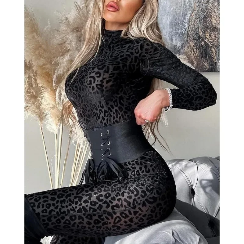 Flokowane przezroczyste kombinezony pajacyki Trend w wysokiej talii Slim-Fit obcisłe kombinezony damskie z długimi rękawami seksowne obcisłe seksowne kombinezony — zdjęcie 2