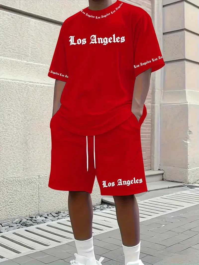Men's Los Angeles Print Short Sleeve T-Shirt & Shorts Set Round Neck Gradient Short Sleeved Women's T-shirt Shorts Set
