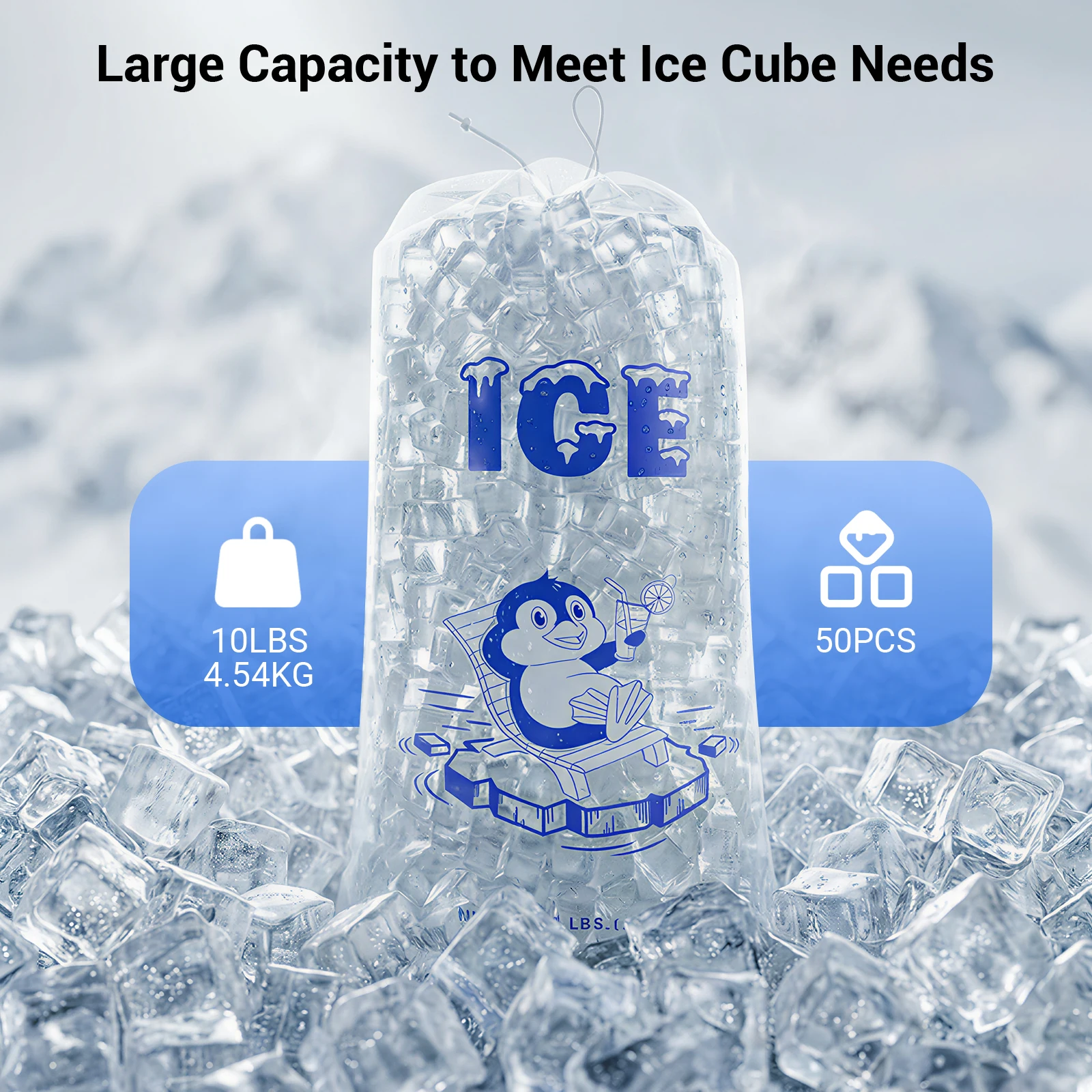 100 Count Ice Bags For Ice Machine, Heavy-Duty Reusable Ice Cube Bags, Ice Bags Freezer Keeper with Drawstring 2 Mils Thickness