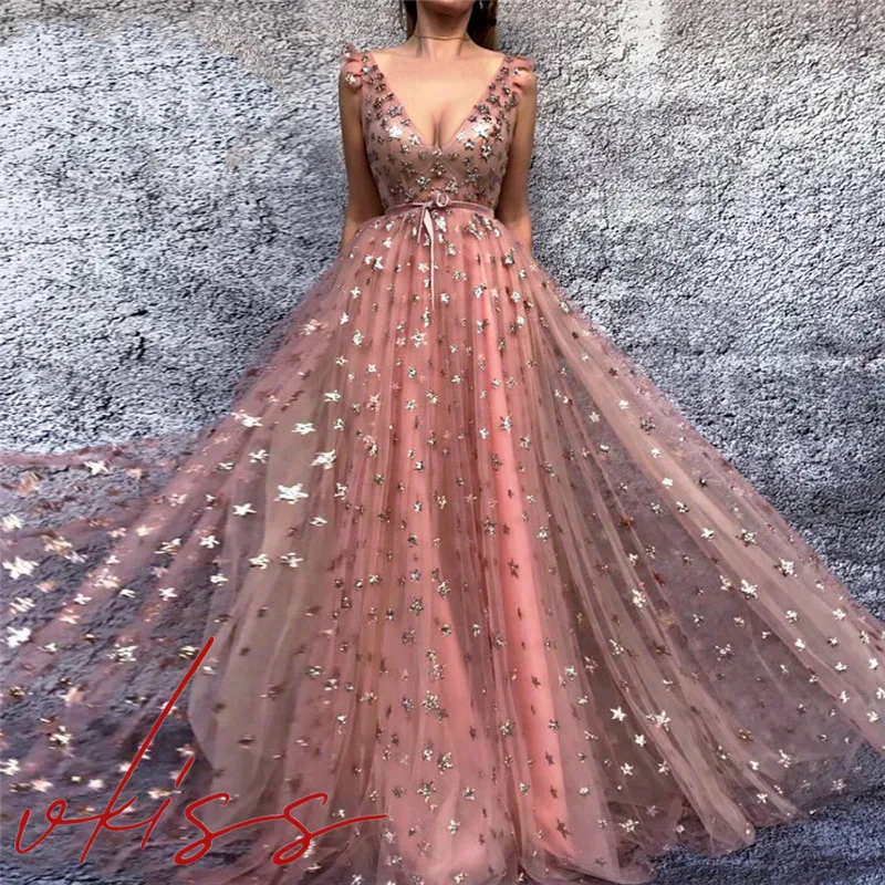 

New Sexy V-Neck Pink Evening Dresses 2022 Sequined Tulle Long Robe De Soiree New Arrival Party Gowns Abendkleider Formal Gowns