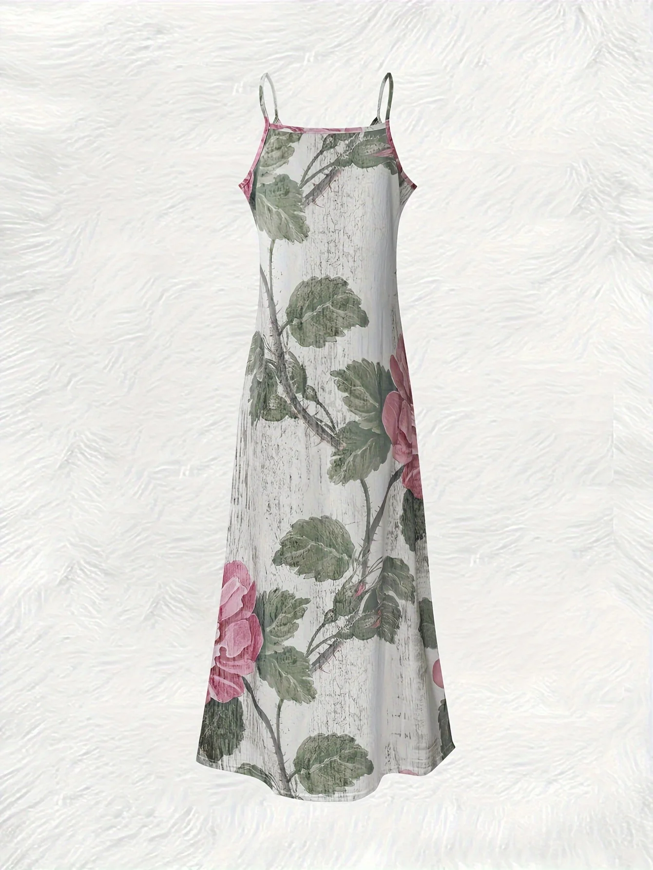 Printed Design Pink Roses Green Leaves White Background Four Seasons elegant style casual style sling dress
