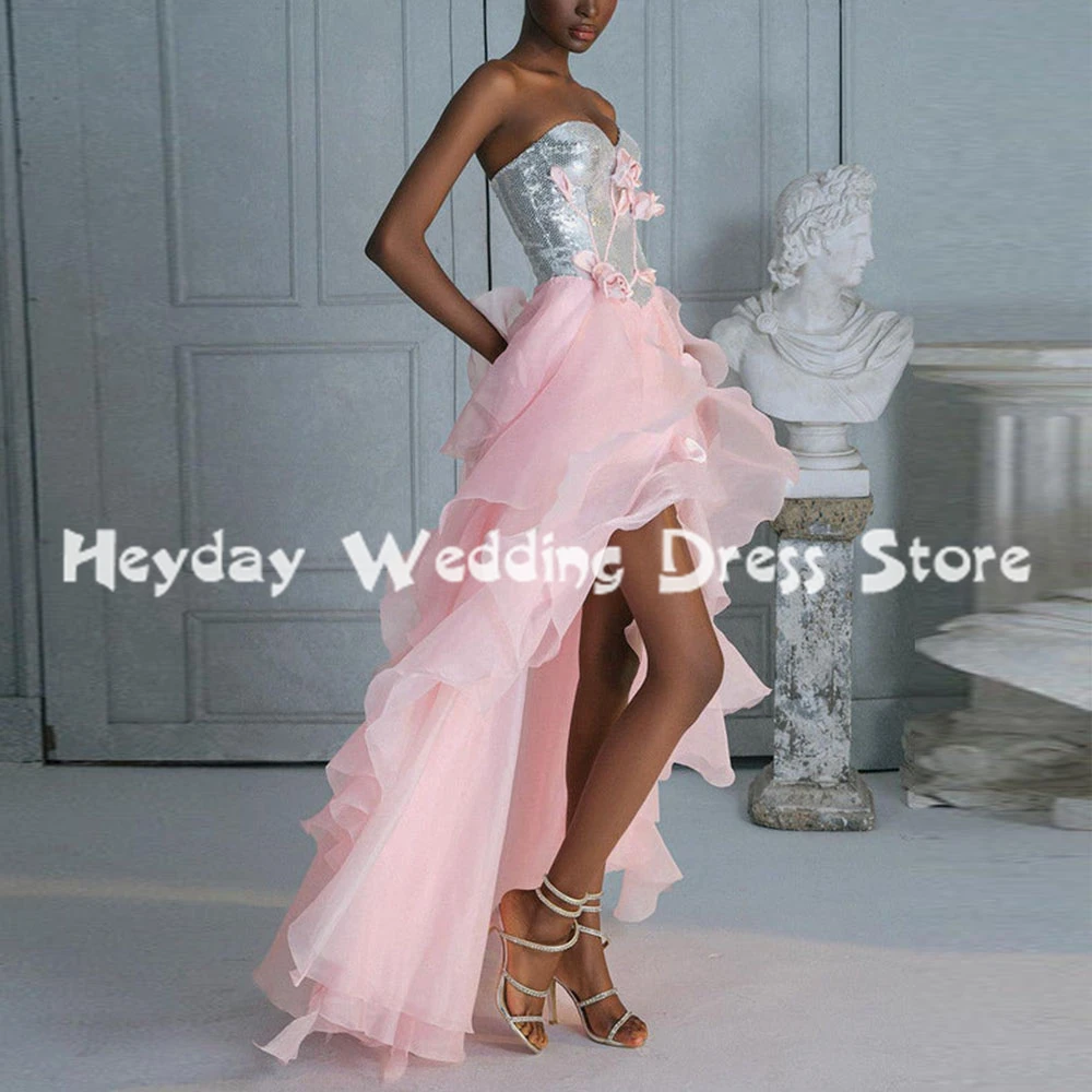 Sukienki balowe Heyday z dekoltem w serduszko, trójwymiarowymi kwiatami, warstwowymi falbanami, bez rękawów, o długości hi-lo, eleganckie sukienki wizytowe 2025