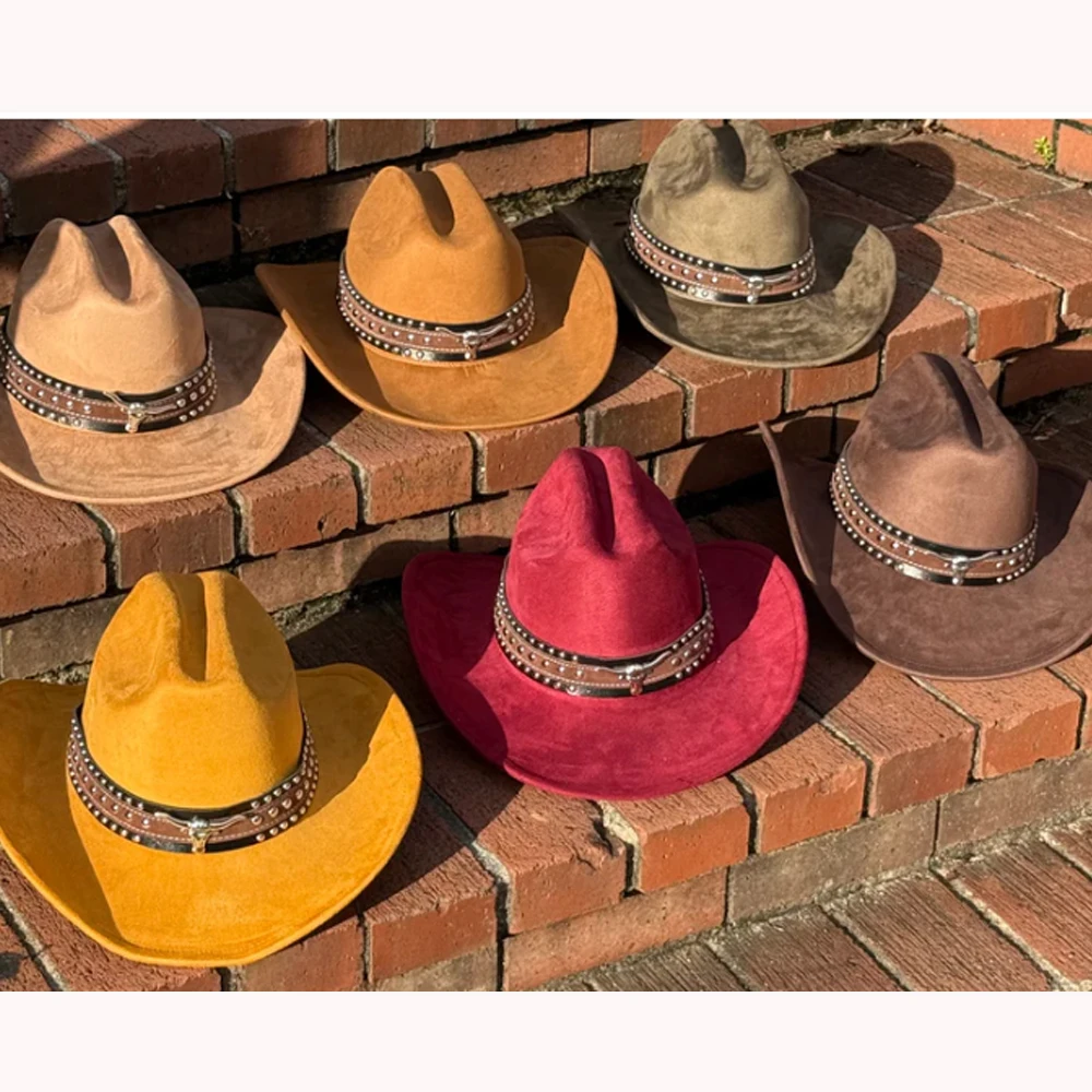 

Black Western cowboy felt hat with leather trim Fame Accessories women's colorful leatherbeltwith bull head decorationcowboyhat