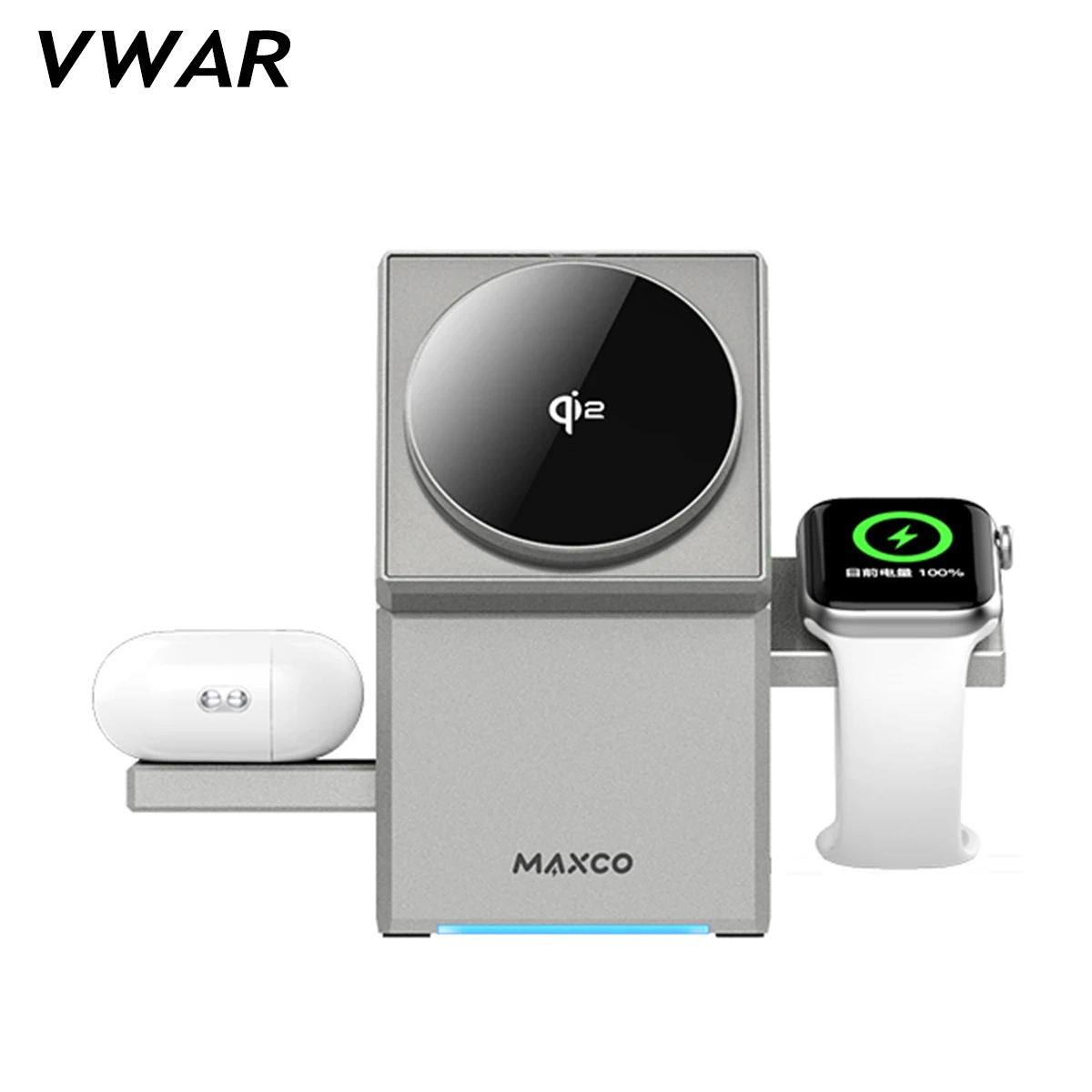 MAXCO Qi2 Cargador inalámbrico 3 en 1 con base de teléfono giratoria automática compatible con MagSafe para iPhone Apple Watch Ultra 2 Airpods