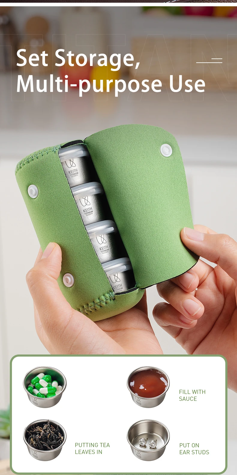 KEITH 4-teiliges Mini-Behälter-Set aus reinem Titan, luftdicht, 25 ml, tragbarer EDC-Behälter mit Aufbewahrungstasche, Taschenträger für Camping, Reisen, Outdoor – Detail 7