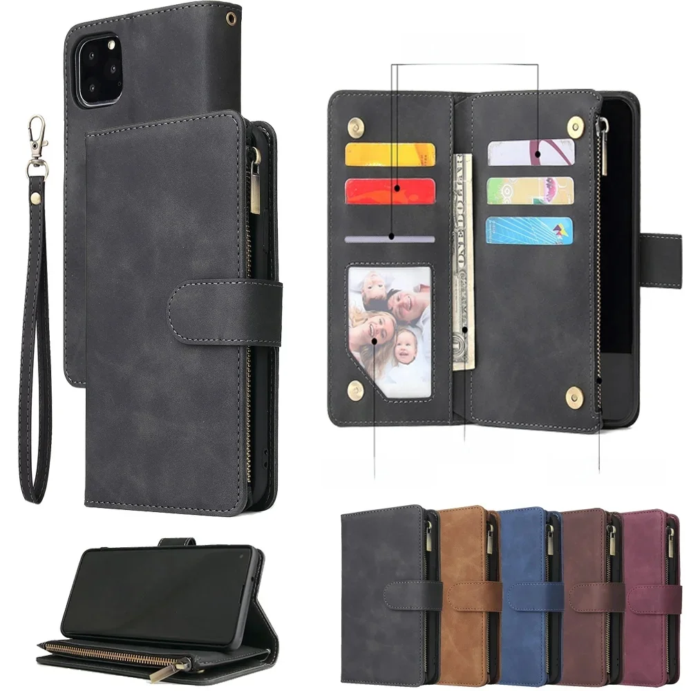 Premium lederen portemonnee-hoesje voor iPhone 16 15 14 13 12 11 17 Pro Max Plus 17Air 16e Rits portemonnee kaartsleuven Magnetische flip cover - afbeelding 2