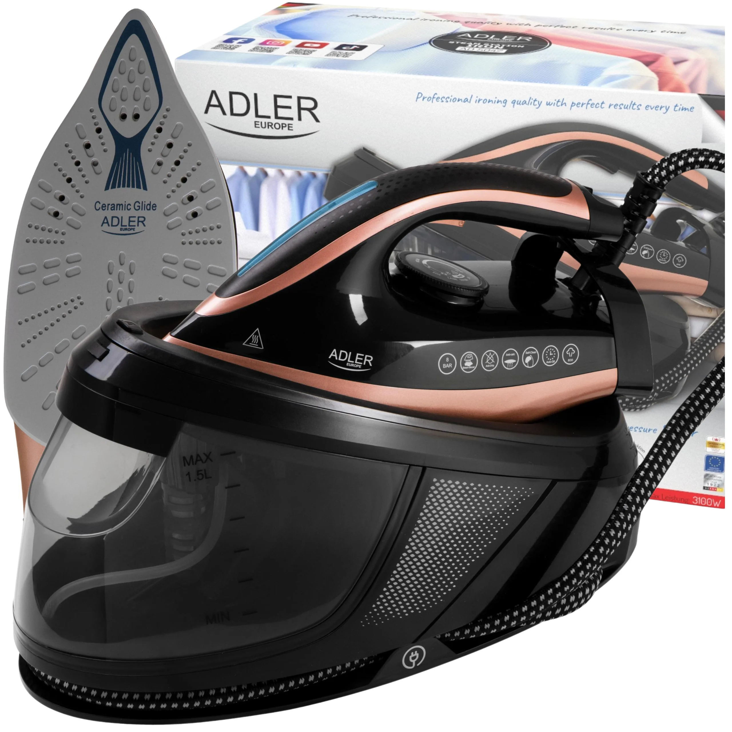 Ferro da stiro Steam Station 3100W, 8 bar, coppia 600 g/min, antigoccia, anti-calci, piedino in ceramica, nero/oro