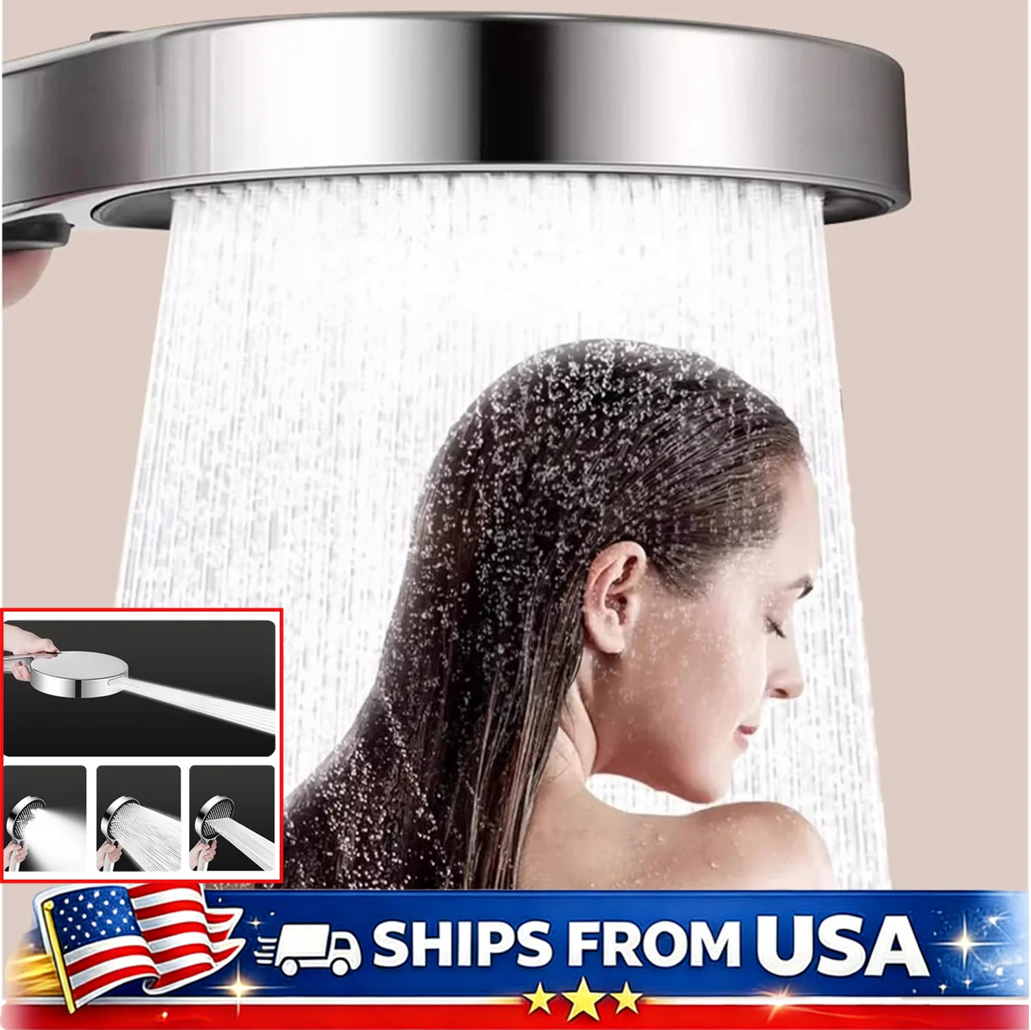 

High Pressure Handheld Shower Head 5.9 Inch Large Rainfall Spray With Hose Turbo Boost Water Saving 4 Spray Modes Bathroom Use