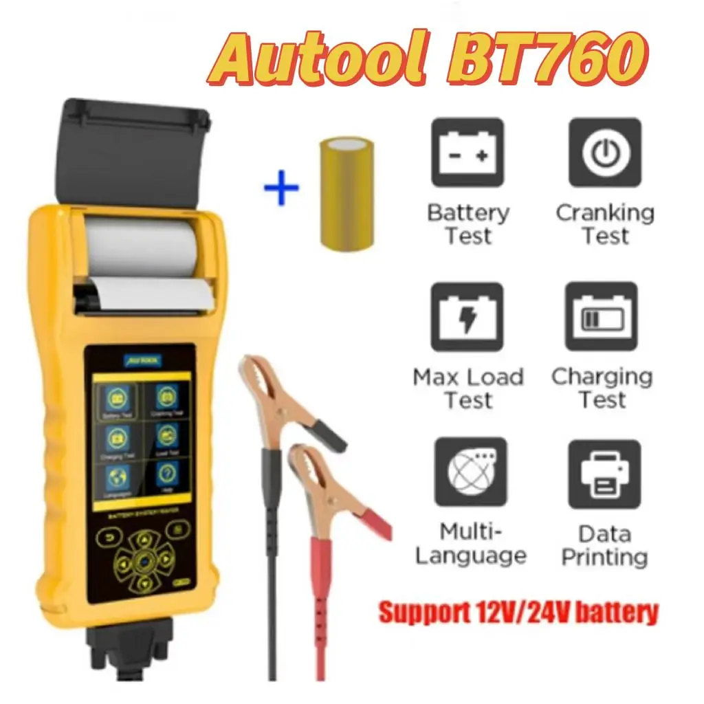 New AUTOOL BT760 Car Battery Tester with Printer 6- 32V Color Screen Test Battery/Cranking/Charging/Max Load