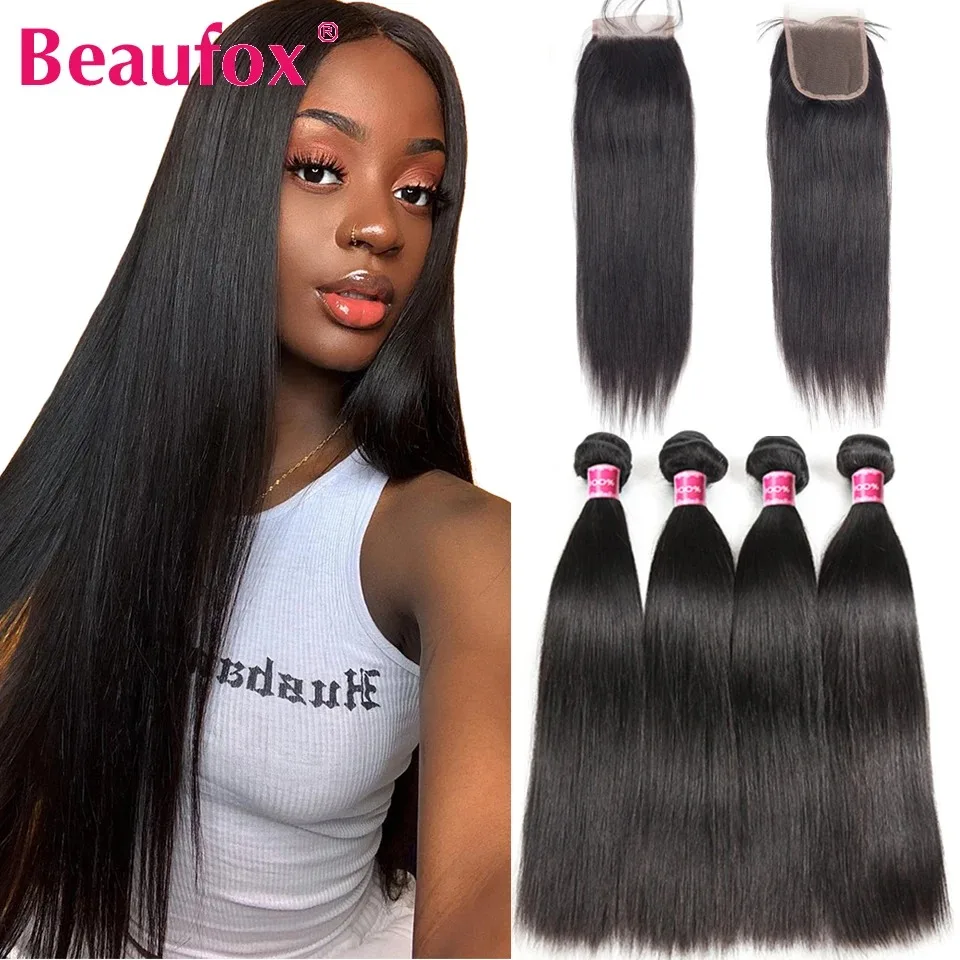 Beaufox Human Hair Bundles With Closure Brazilian Straight Hair Bundles With Closure Remy Brazilian Hair 3 Bundles With Closure