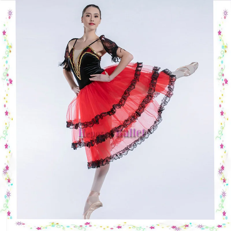 

Don Quixote Kitri Variation Ballet Dress, Spanish Ballet Dance Dress Red And Black Women's Ballerina Long Skirt