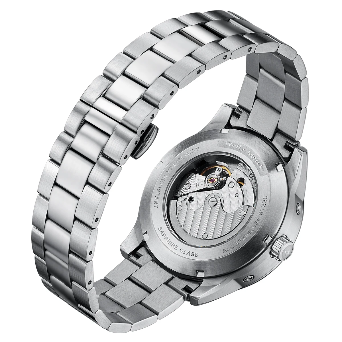 WM 시계 자동 기계식 시계 비즈니스 히든 크라운 다기능 남성용 사파이어 방수 웰리 메르크 남성 시계 160M-WM