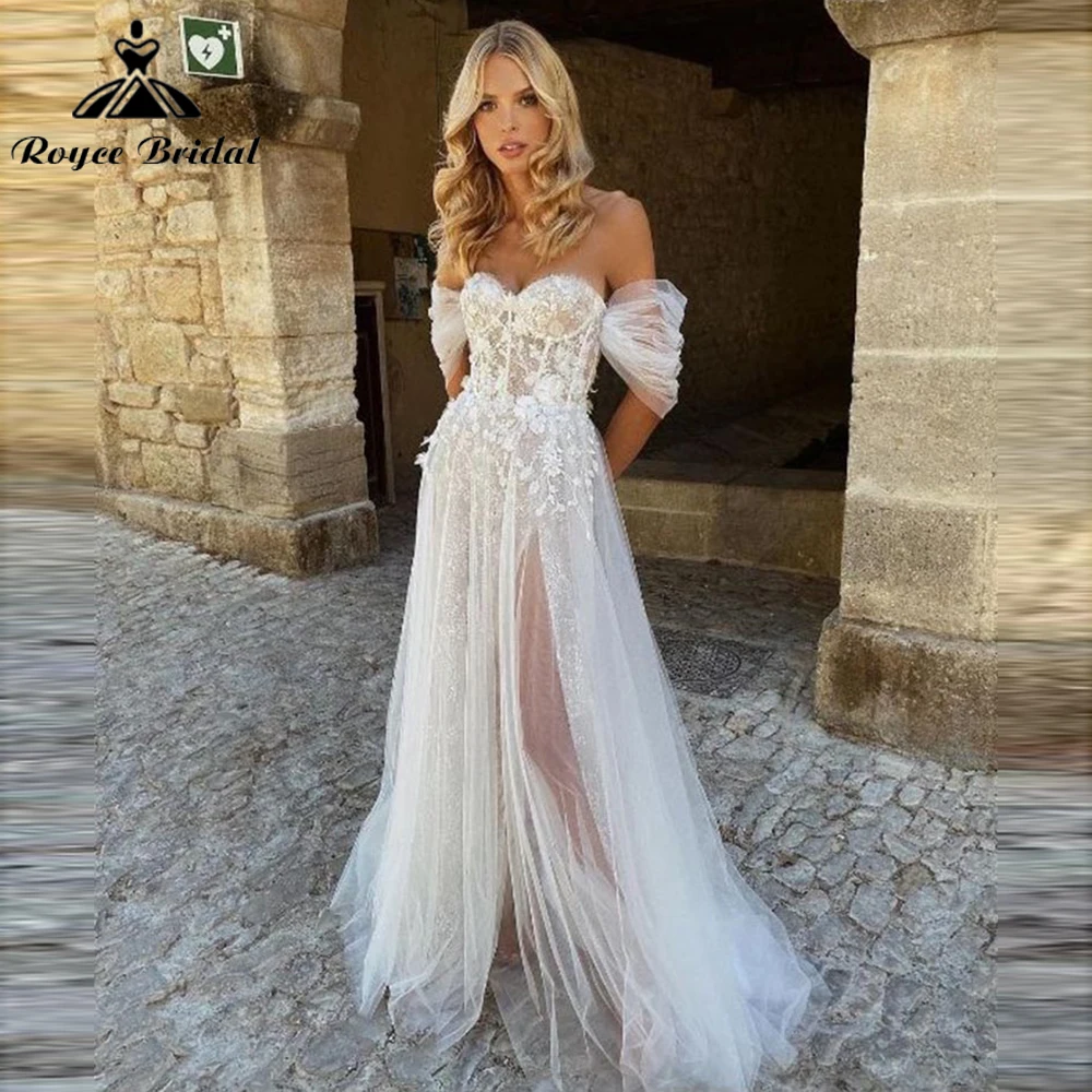 Beach Off The Shoulder A-Line Wedding Dresses 2023 Modern Tulle Sweetheart Bridal Gowns Pleated Sleeves Illusion Summer vestidos