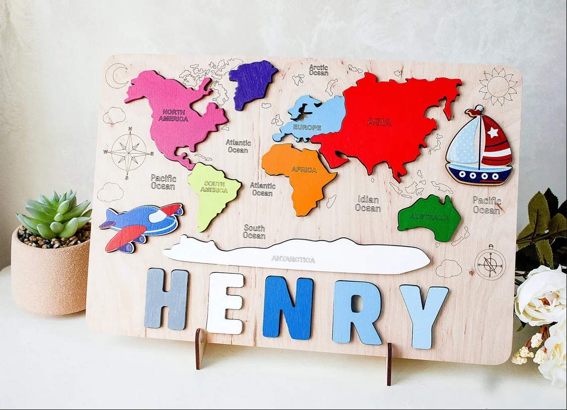 Wooden World Map Baby Name Puzzle Birthday Gift Children Toy Personalized Toddler Name Puzzle Kids Wood Puzzle Montessori Toys