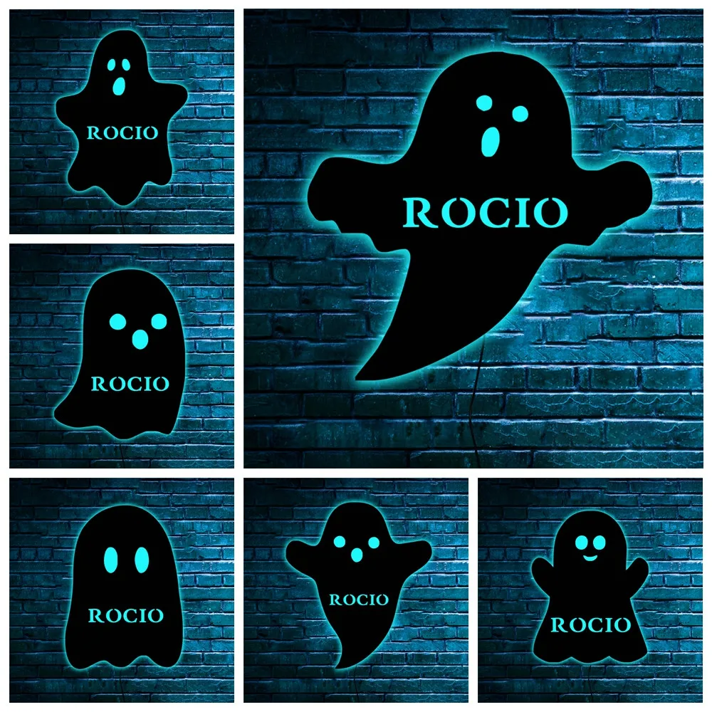 Halloween Spooky Ghost LED Sconce Wall Lamp Custom Name Wooden Neon Sign Nightlight for Baby Child Room Hanging Home Decor