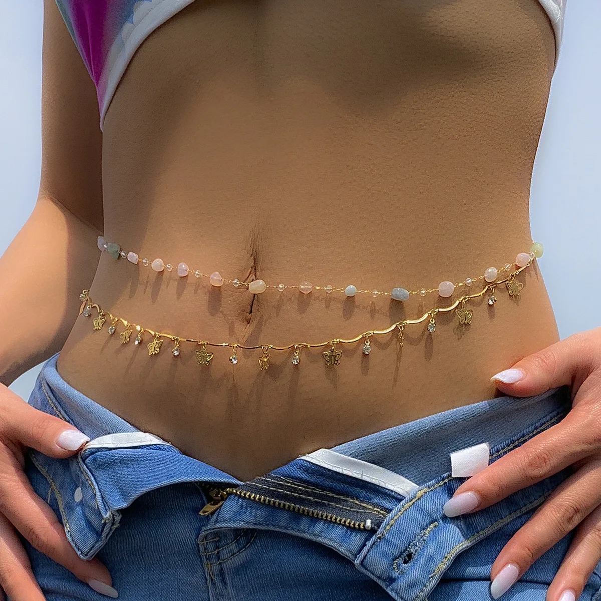 

Behomia Style Natural Stone Chip Bead Gold Layers Gems Crystal Adjustable Waist Belly Chains Night Club Thigh Chain Body Jewelry