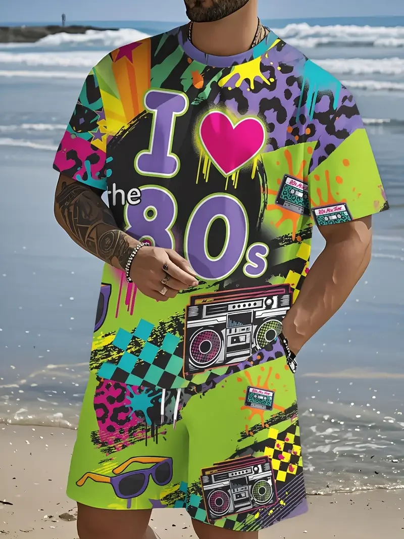 

Men'S 3D "I Love 80s" Themed Print Short Sleeve T-Shirt & Shorts Set Round Neck Short Sleeved Women's T-shirt Shorts Set