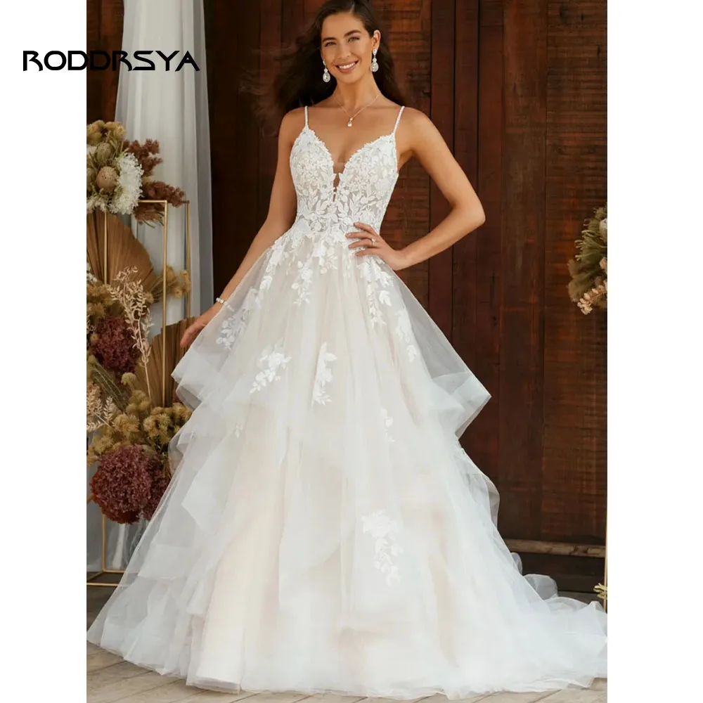 RODDRSYA-Robe de mariée élégante style Boho, col en V, ligne A, dentelle à plusieurs niveaux, appliques, dos nu, pour les patients, quelle que soit la collection 2024 Robe de mariée élégante style Boho, col en V, ligne