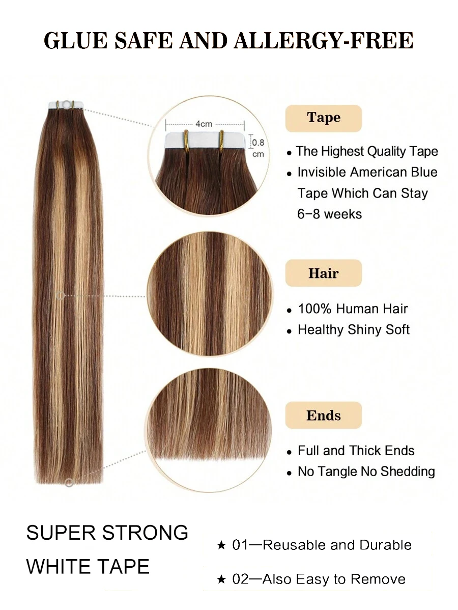 Highlight #4/27 Straight Tape In Hair Extensions Skin Weft Invisiable PU Seamless Ombre  100% Unprocessed Human Hair Extensions