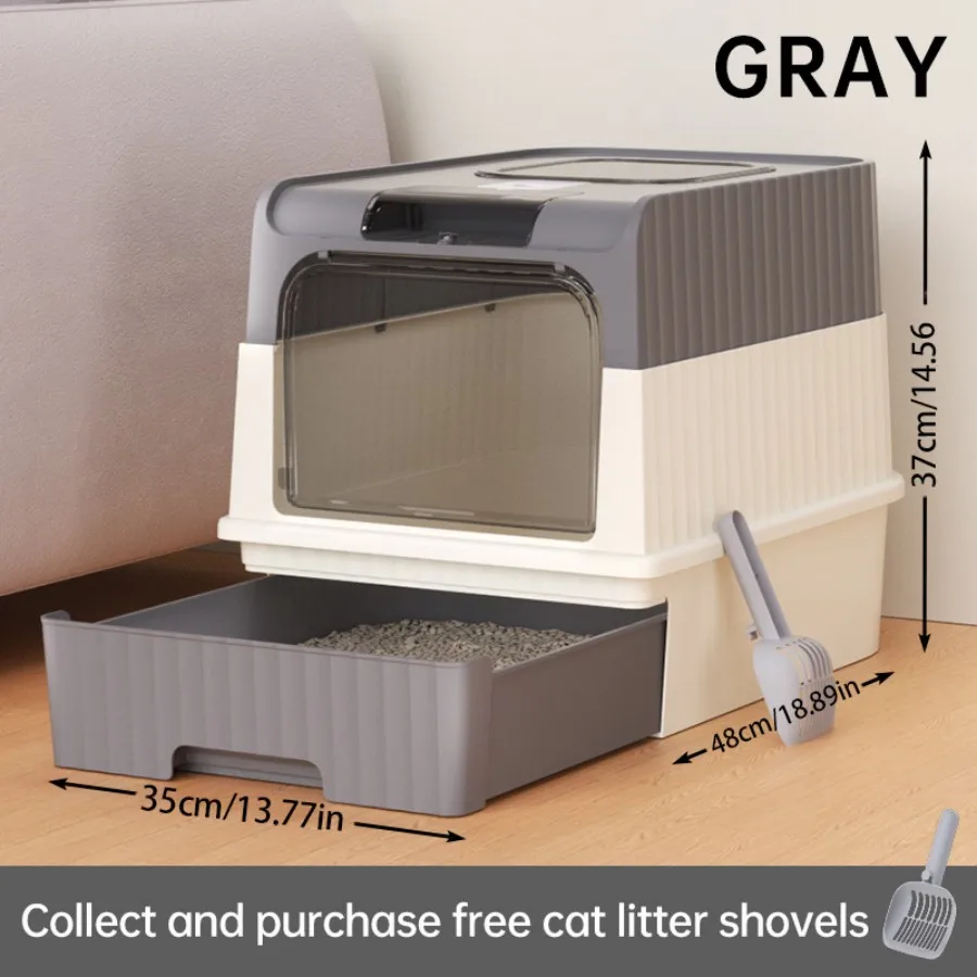 Grote gesloten kattenbak met lade, dubbele deur, anti-lek kattentoilet met schepje 50 × 35 × 37 cm