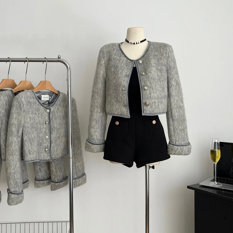 

Autumn Korean Y2k Chic Female Tweed Basic Jacket Coat Women Clothing Long Sleeve Woolen Short Outerwear Female