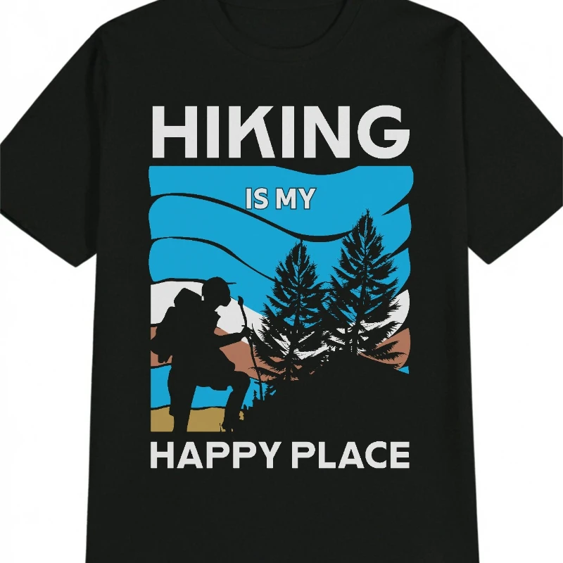 

Men'S Casual Round Neck Pure Cotton T-Shirt with HIKING IS MY HAPPY PLACE Print Breathable Fabric Perfect Comfortable Fit