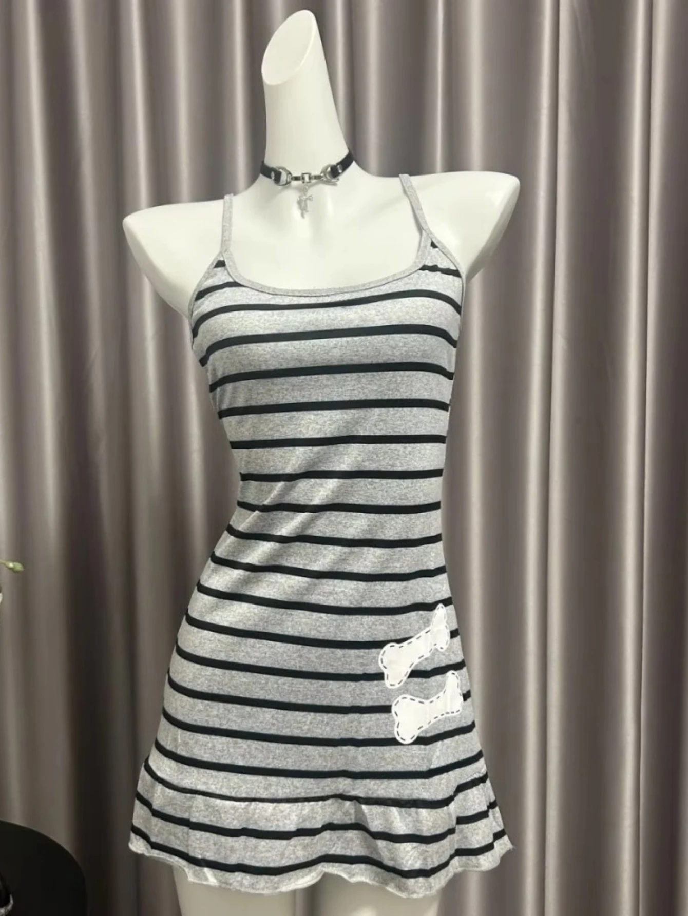 Y2K Stripe Slip Strap Dress Women Kawaii Sweet Lolita Korean Vintage Sleeveless A-Line 2000s Alt Acubi Mini Dresses Clothes