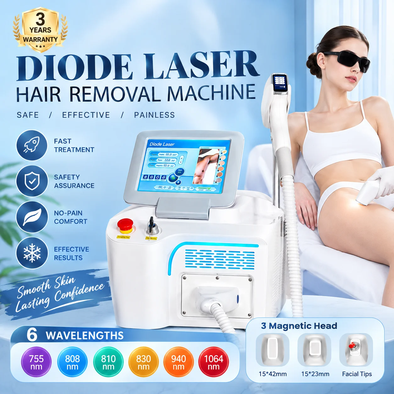 7000W Portable FAC 16Bars Pre-burn Diode Laser Hair Removal Machine 6 Wavelengths Ice Cooling 3 Magnetic Heads Salon Epilator