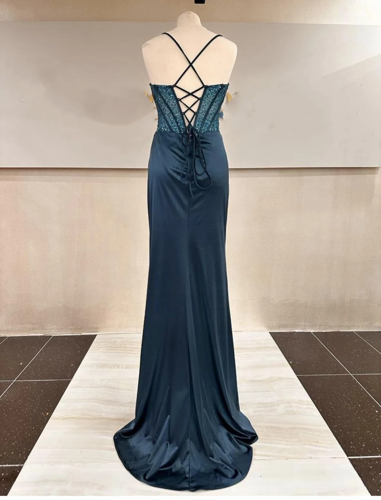 Sparkly Corset Long Prom Dress with Slit for Teens Wedding PartLong Spaghetti Straps Illusion Mermaid Corset Formal Evening Gown