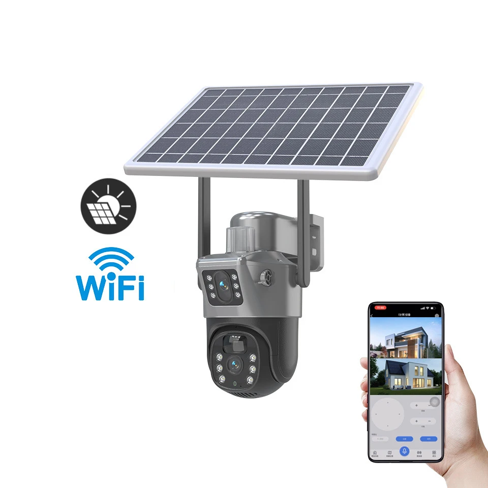 4MP WIFI Drahtlose PTZ Solar Kamera Dual Objektiv Dual Screen Outdoor 4G IP Kamera Solar Panel Audio PIR Sicherheit überwachung Kamera