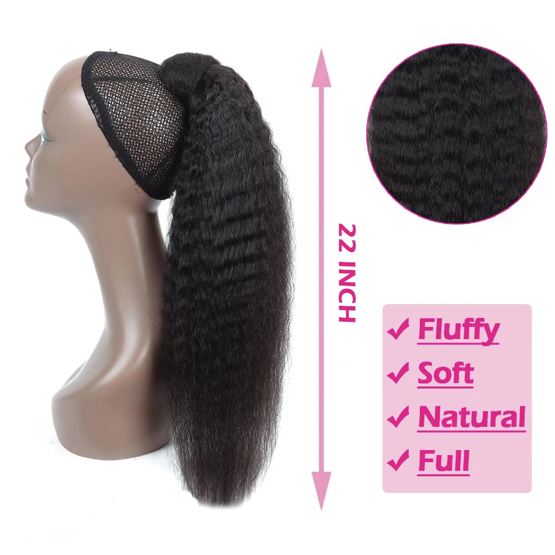 Kinky Straight Ponytail Human Hair with Wrap Around Magic Tape Brazilian Hair Clip In Extension Wavy Yaki Ponytail Natural Black