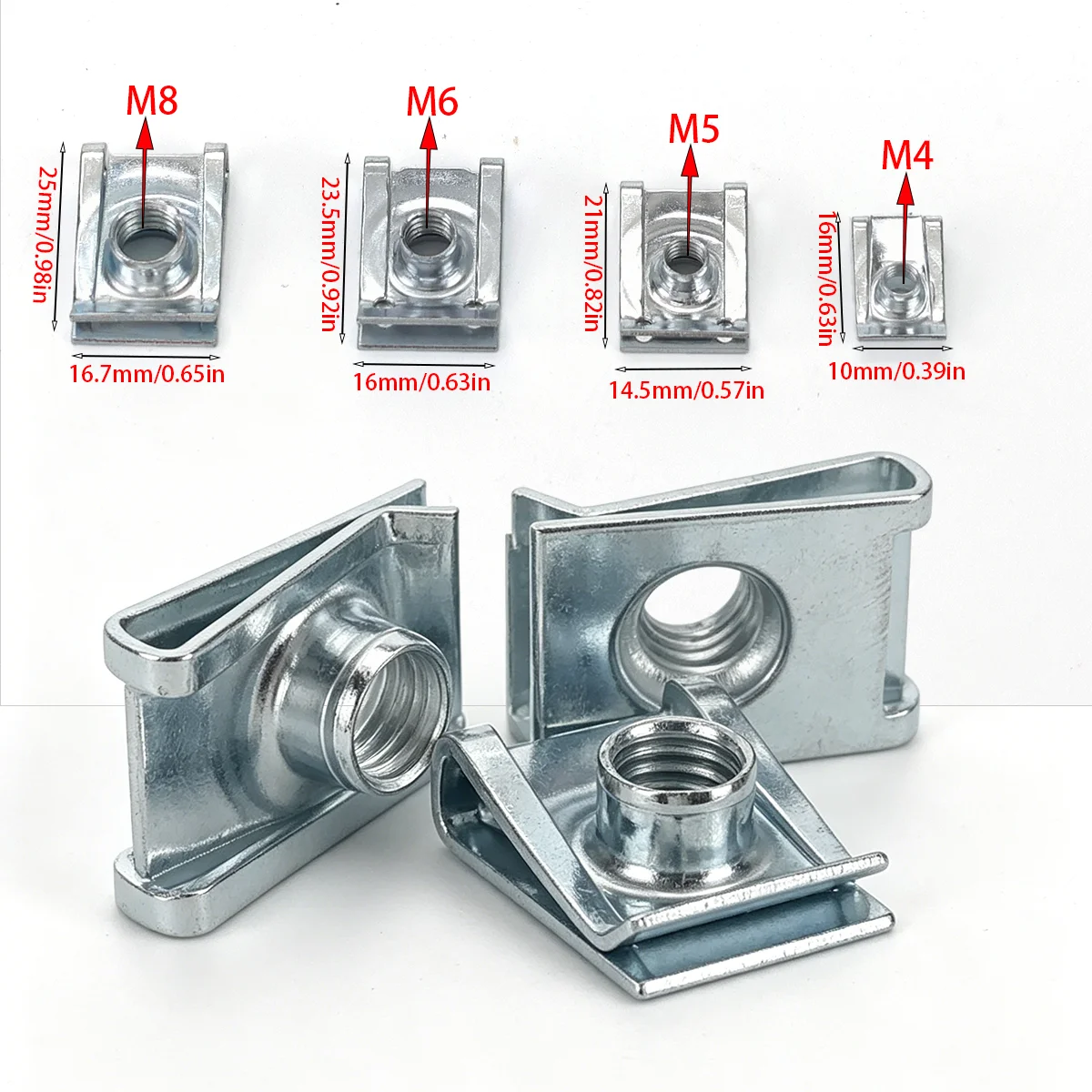 70-piece U-shaped clip nut set, M4 M5 M6 M8 spring clip nuts, license plate fasteners, sheet metal floating nuts.