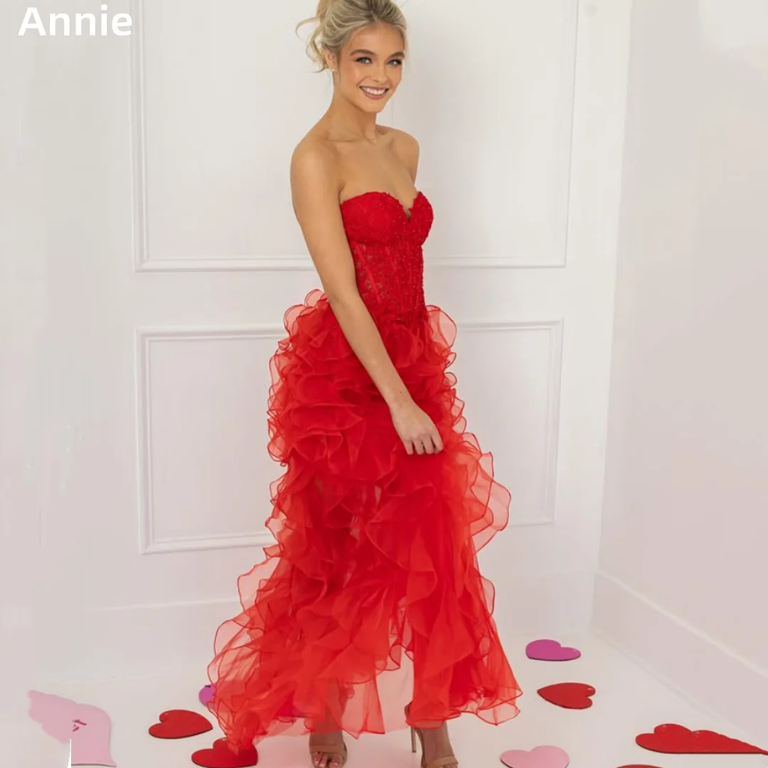 

Annie Gorgeous Red Prom Dresses Sexy Off-shoulder Embroidery Evening Dresses Organza Layering Robes De Soirée Customized