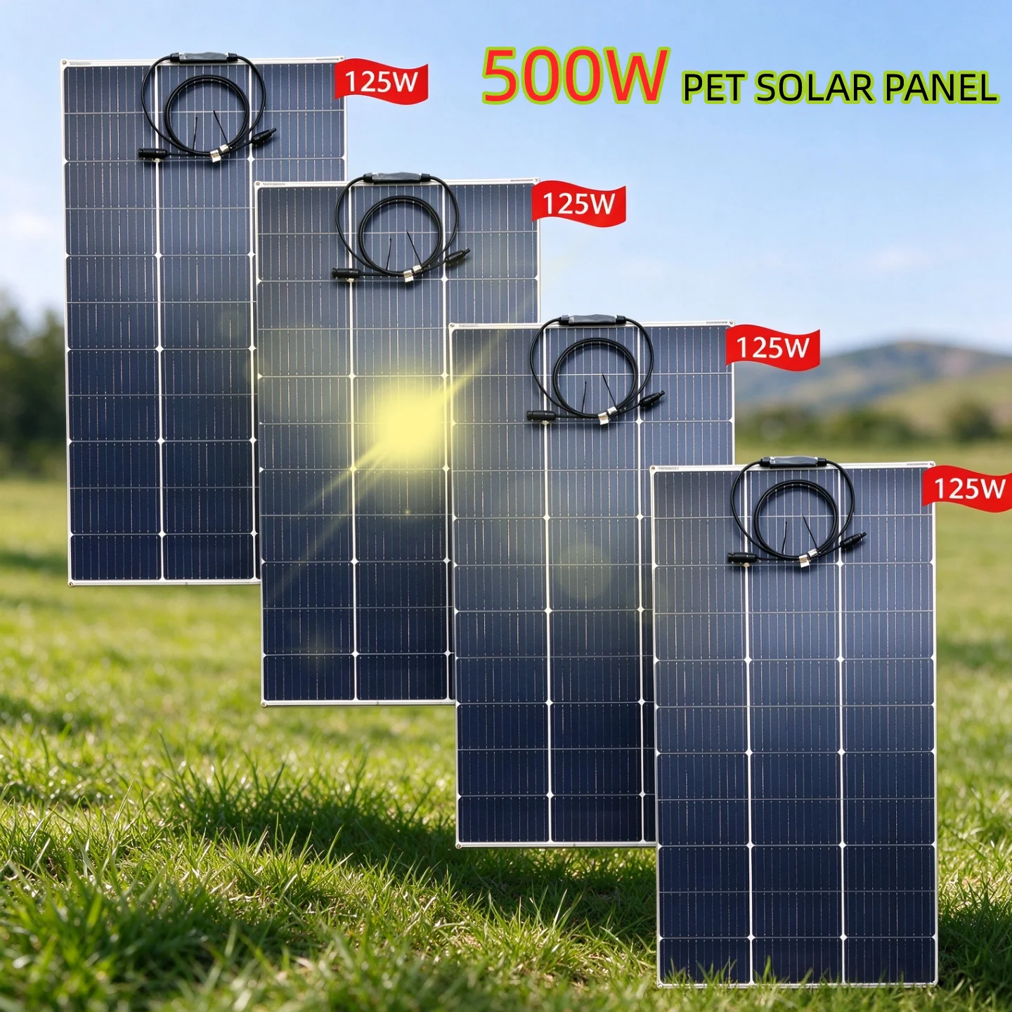 Ausgewähltes PET-Material, 500 Watt, 125 * 4 Stück, leichtes, flexibles und biegbares Solarpanel, einfache und flexible Installation, geeignet für verschiedene Einsatzbereiche wie Wohnmobile und