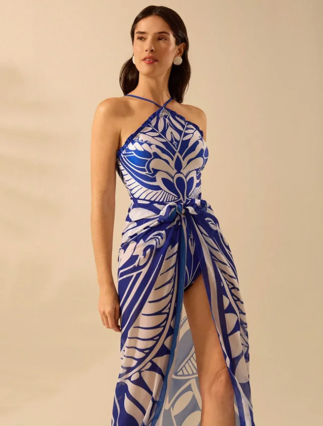 2025 Women's Boho Print One piece swimwear Holiday Casual Beach Shawl Blue Swimsuit Cover Skirt For Summer Beach Vacation