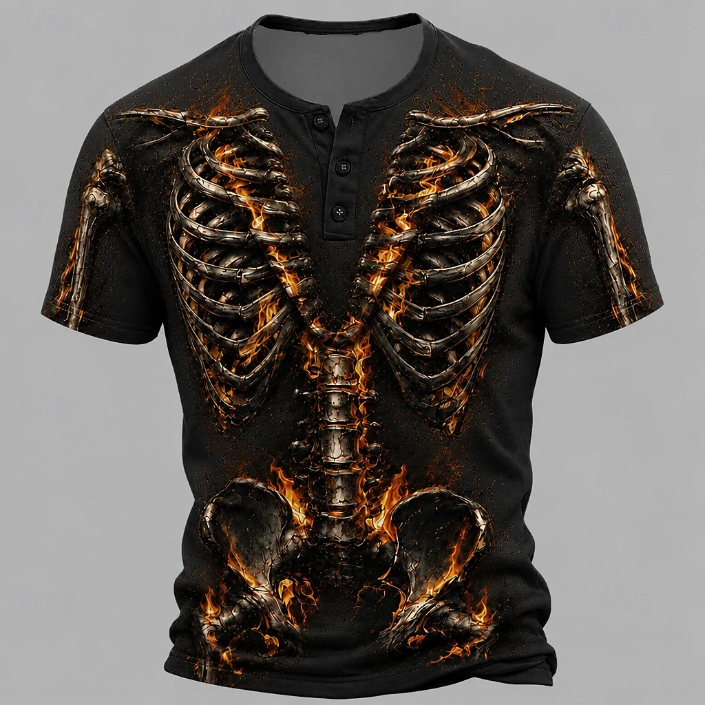 Men’s Halloween Skull Print Short‑Sleeve Henley Shirt Retro Vintage Daily Casual Streetwear All‑Season Top for Spring & Summer