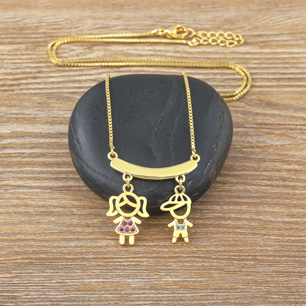 AIBEF  Girl And Boy Rhinestone Pendant Women Copper Zircon Gold Plated Necklace Jewelry Family Daughter&Son Mother Birthday Gift