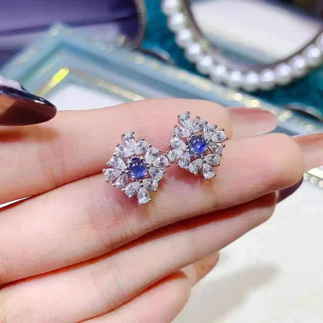 KJJEAXCMY Natural Gemstone Women's Luxury Blue Egg Faced Sapphire Earrings New 925 Pure Silver Inlaid Gift for Girlfriend