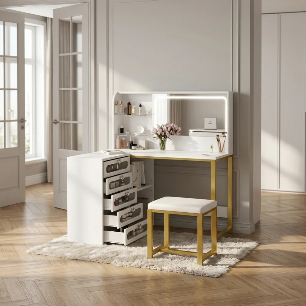 Superaly, tavolo da trucco angolare bianco a forma di L, con specchio, cassetti multipli, ripiani a giorno e sgabello coordinato, struttura dorata.