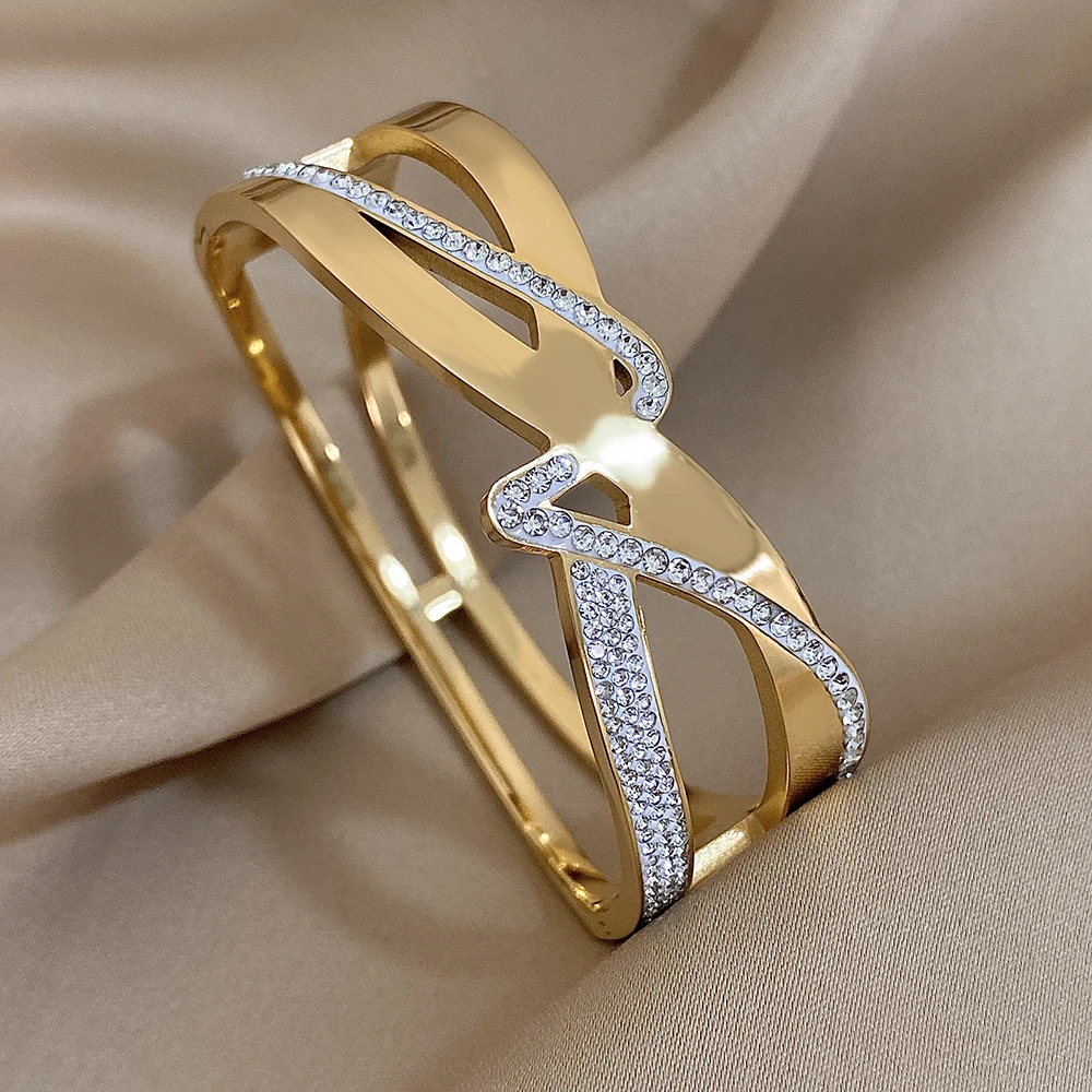 Freetry Luxury Rhinestone Stainless Steel X-shaped Open Bangle for Women Waterproof Smooth Cross Chunky Wide Bracelet on Hand