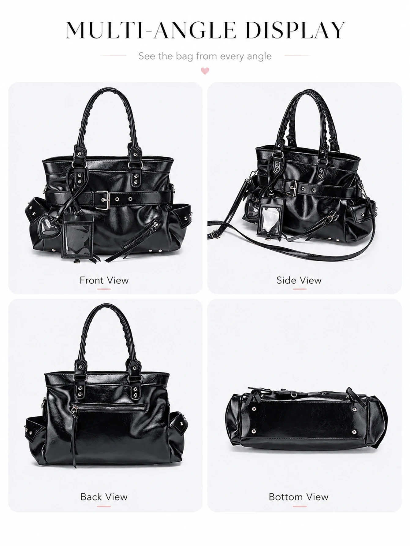 Y2K Schwarze PU-Leder Tragetasche für Damen, Glänzende Coole Große Kapazität Handtasche, Schulter-Umhängetasche für Tägliche Reisen – Detail 5