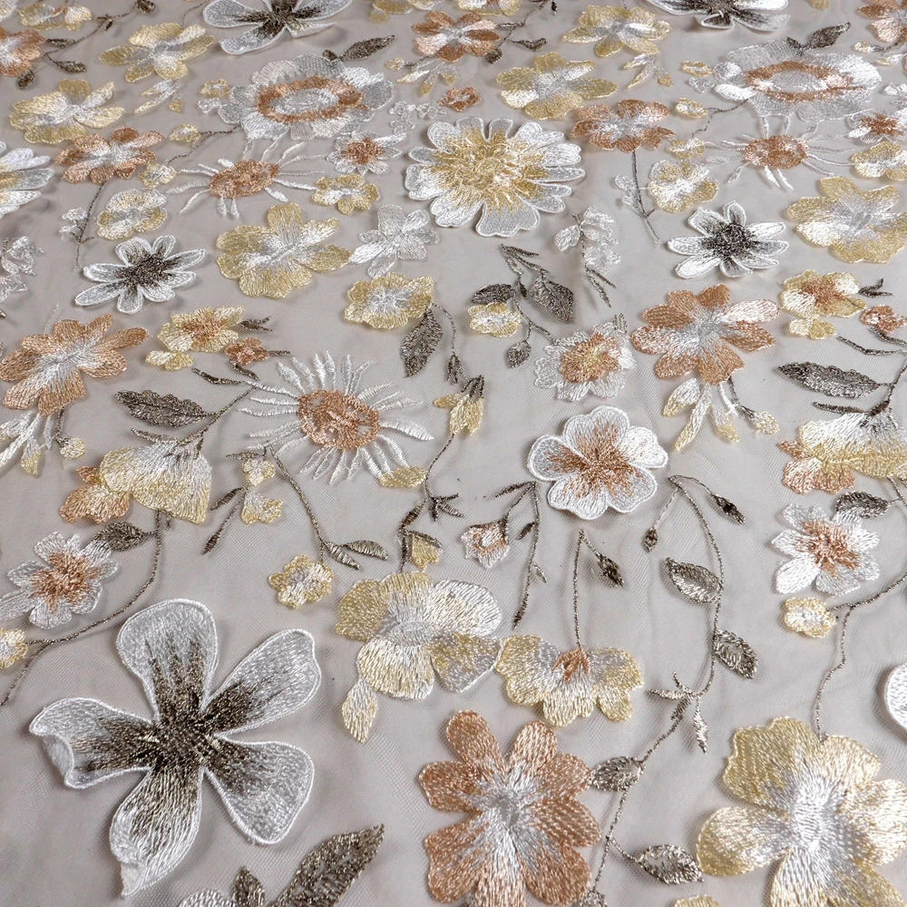 HelluyerDc Beige mixed 3D bige flowers lace fabric,simple embroidery for wedding prom dress fabric by the yard