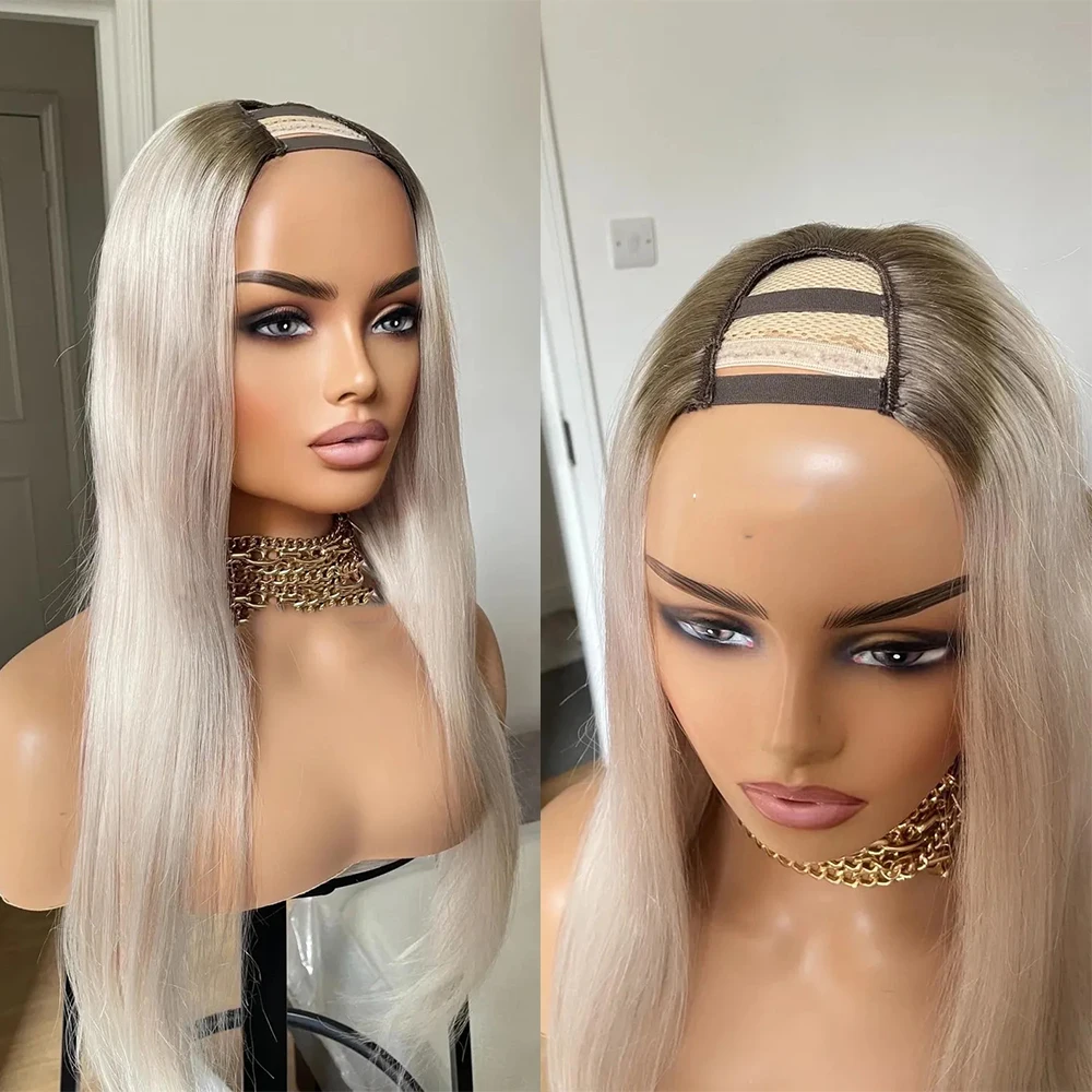 U Part Human Hair Wig 24 Inches Rooted Platinum Blonde Real Human Hair Wig 180% Density Long Straight Hair Wig Small Cap Size