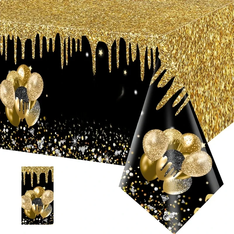 Nappe en plastique de poulet noir et or, décorations de fête d'anniversaire pour hommes et femmes ans, couverture de table, fournitures de fête, 220x130cm