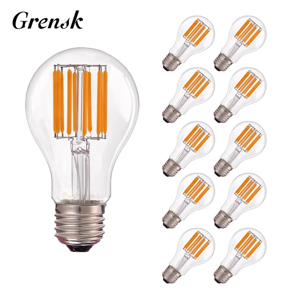 10pcs/lot Grensk 8W 10W Edison A19 Globe Lamp Vintage LED Filament light Bulbs Warm White E26 110V E27 220V Dimmable Led Bulbs