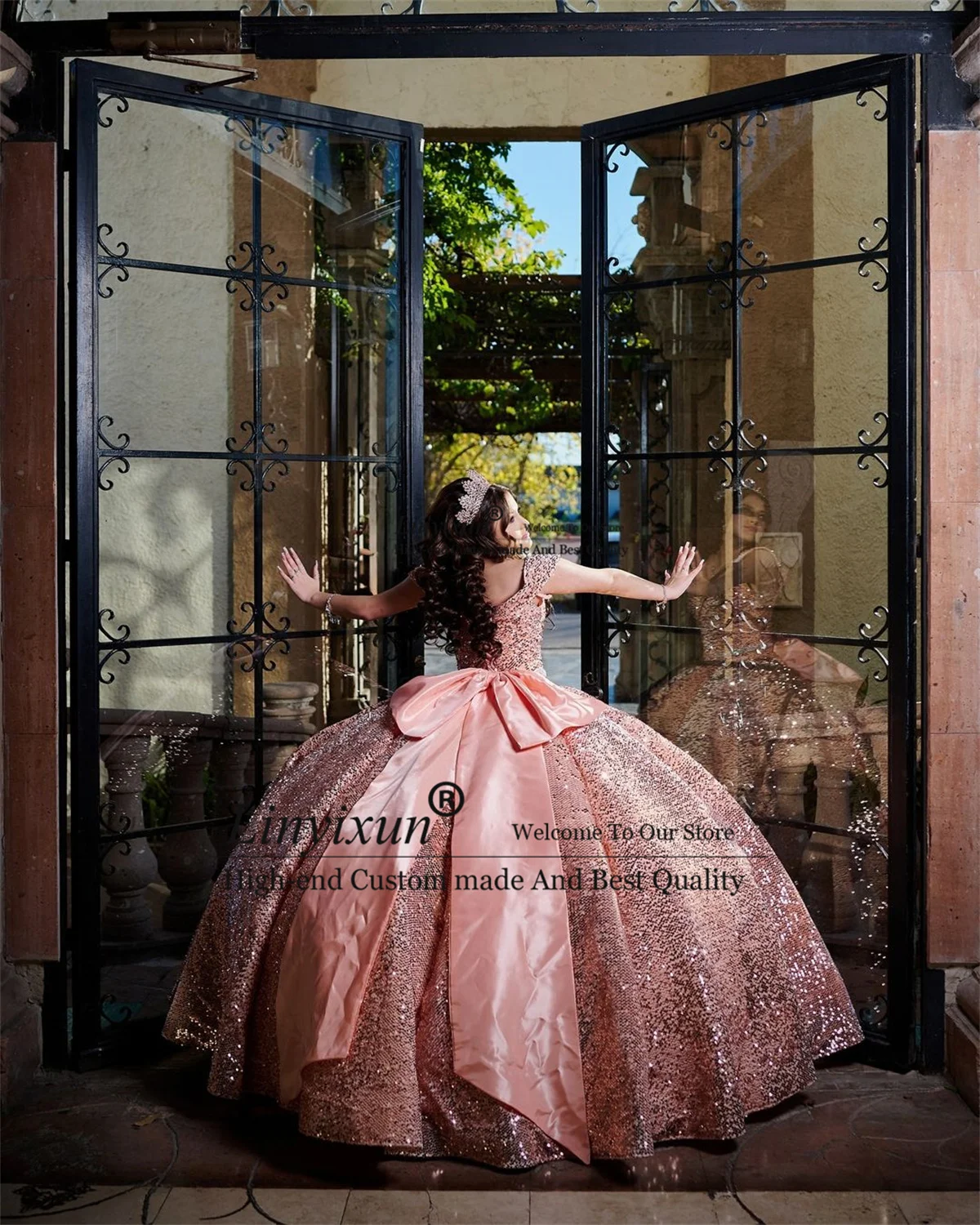 Vestido De quinceañera con lentejuelas brillantes, vestido De baile con pajarita, cumpleaños dulce, 16 Vestidos sin hombros, vestido mexicano De 15 años