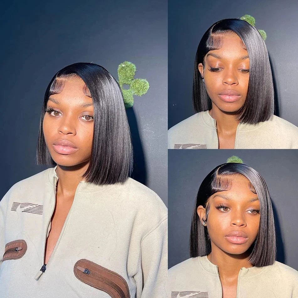 Perruque Bob Lace Front Wig Remy Naturelle Lisse, Cheveux Courts, 4x4, 13x4, pour Femme Africaine